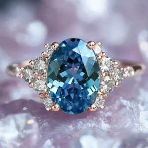 Close-up detail of luxury oval blue sapphire-style ring with sparkling diamond cluster design.