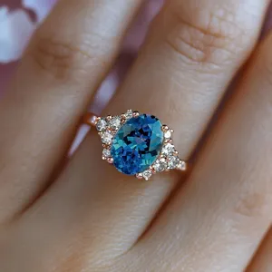 Macro detail of the elegant oval blue gemstone ring with sparkling side cubic zirconia crystals.
