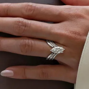 Elegant marquise cut zirconia V shaped silver ring for women fashion jewelry detail view.
