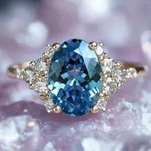 Luxury oval blue gemstone cluster ring with sparkling diamond accents on gold band.
