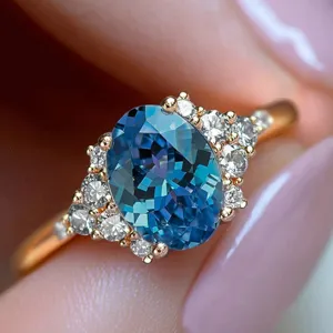 Stunning oval blue gemstone ring with sparkling diamond cluster accents in luxury style.