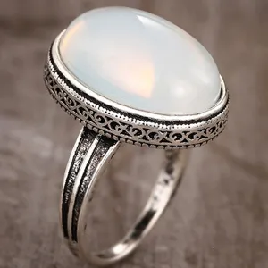 Vintage Oval Artificial Moonstone Ring Copper Retro Hollow Carved Finger Ring Fashion Jewelry Gift For Women