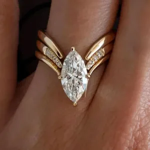 Exquisite marquise cut diamond chevron stacking ring for women, elegant gold plated jewelry.