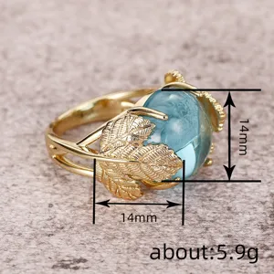 Elegante anillo de hoja de ginkgo imitación piedra luna con piedra azul de 14mm