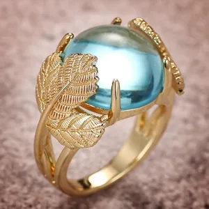 Nuevo Estilo Chino Anillo Abierto de Hoja de Ginkgo Vintage Cobre Chapado en Oro Imitación Piedra Lunar Anillo Elegante de Mujer Joyería