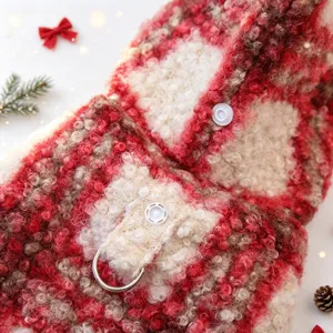 Cozy red white plaid pet Christmas cloak cape vest, warm winter cat apparel for holiday.