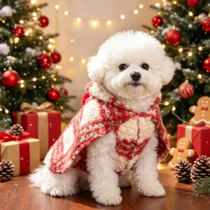 Cute Christmas pet cloak for dogs and cats, warm winter plaid cape apparel for holiday.