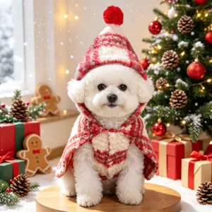 Detailed view of the festive red plaid pet Christmas cape with cozy sherpa lining and cute hood.