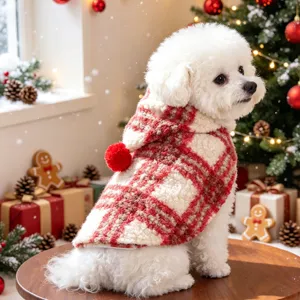 Festive red white plaid pet Christmas cloak with cute pom-pom hood for small dogs cats.