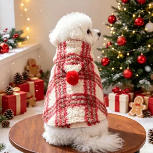 Cute Christmas pet cloak with red and white plaid design, warm hooded cape for dogs and cats.
