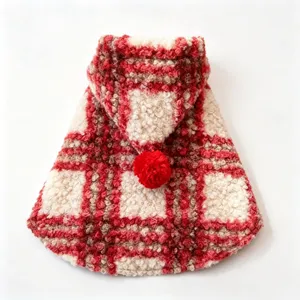 Cute pet Christmas red and white plaid fleece hooded cloak warm cat cape winter coat