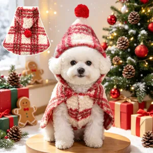 Cute Christmas pet cloak with plush red and white plaid design for warm autumn winter wear detail.