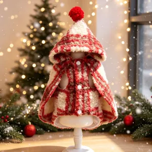 Detailed view of the cute pet Christmas cloak, warm fleece hooded cat apparel for winter.