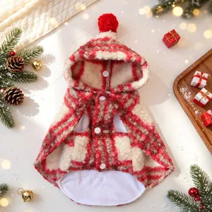 Christmas pet cloak detail, red white plaid warm cape, cute pompom hood, soft fleece fabric
