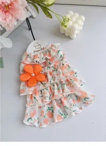 Sommer Blumiges Hundekleid mit oranger Blütendekoration und süßen Rüschen für kleine Haustiere.