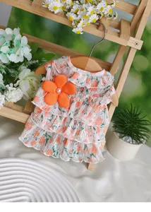 Süßes florales Hundekleid Sommer dünner Haustier Prinzessinenrock mit oranger Blume für kleine Hunde