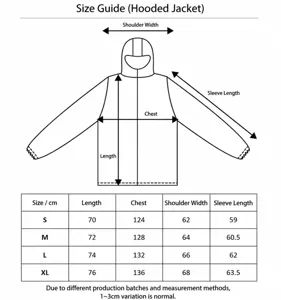 Size chart and measurement guide for hooded sweatshirt showing detailed length and width dimensions.