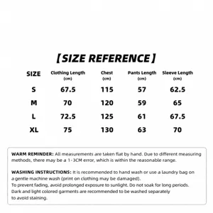 Detailed size chart showing measurements for clothing length, chest, shoulder, and sleeve sizes.