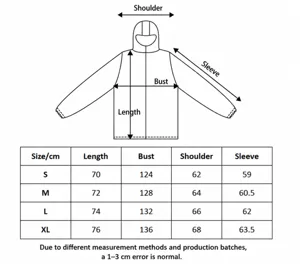 Size chart for unisex hooded sweatshirt, offering detailed measurements in cm for S to XL.