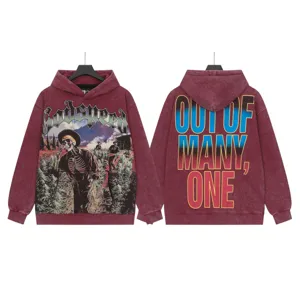 Detailed view of the washed vintage streetwear hoodie featuring graphic skeleton and letter print.