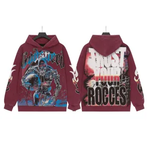 Detailed view of vintage washed streetwear hoodie featuring front cyborg graphic and back text.