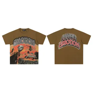 Brown graphic t-shirt streetwear style with rhinestone letter print front and back details.