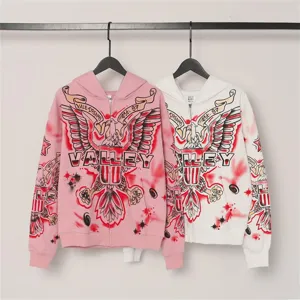 Men Women Casual Washed Distressed Zip Up Hoodie Geometric Letter Pattern Long Sleeve Sweatshirt Jacket