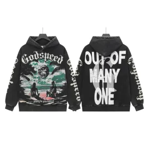 Vintage washed streetwear hoodie with graphic print and bold back lettering for men women