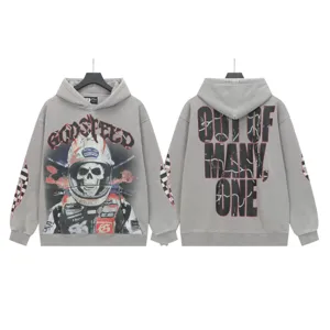 Vintage washed streetwear hoodie featuring bold skull graphic and cool letter print for unisex daily wear.