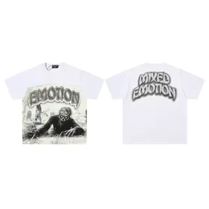 Detailed view of the white high-street short-sleeve t-shirt with rhinestone zombie print.