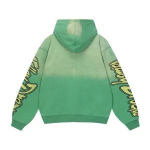 High street washed gradient green hoodie for men and women, featuring cool sleeve letter graphics.