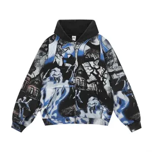 Streetwear vintage washed zip-up hoodie with gothic ghost graphic print for men and women