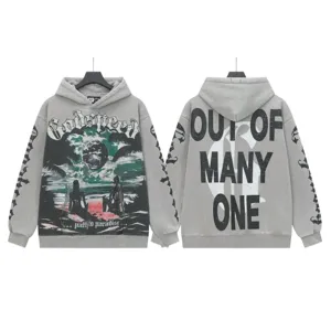 Vintage washed grey hoodie detail, gothic letter print back and front, streetwear style.