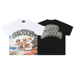 Close-up detail of street style short sleeve t-shirt featuring graphic print and rhinestones.