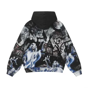 Unisex vintage washed black gothic hoodie featuring spooky haunted house and ghost graphic print.