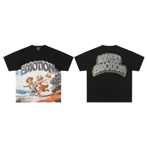 Unisex black short sleeve t-shirt with rhinestone graphic and vintage beach angel print.