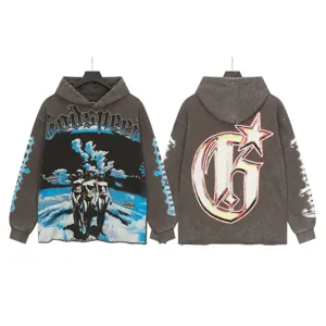 Vintage washed graphic hoodie with Godspeed print front and back, casual streetwear style.