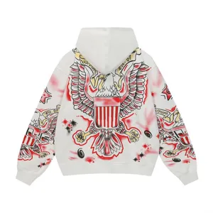 Men Women Streetwear Graphic Hoodie Vintage Airbrush Eagle Print White Hooded Sweatshirt