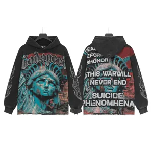 Vintage washed black hoodie featuring graphic Statue of Liberty print and bold lettering.