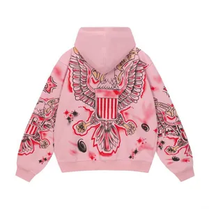 Pink streetwear hoodie with eagle back print, vintage airbrush style, casual long sleeve sweatshirt.