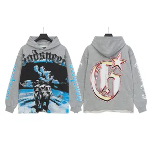 Grey washed streetwear hoodie with gothic letters, front graphic and back logo print.