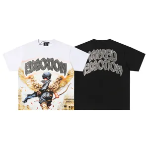 Streetwear short sleeve t-shirt detail showing front angel graphic and back letter print.