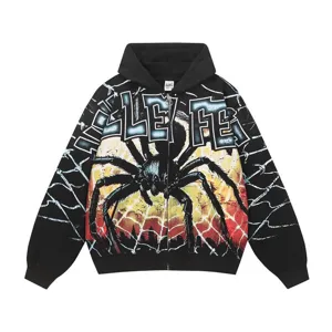 Black zip-up hoodie with spider web graphic and streetwear aesthetic for men and women