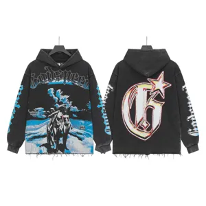 Vintage washed graphic hoodie with cloud print, streetwear letter design for men and women.