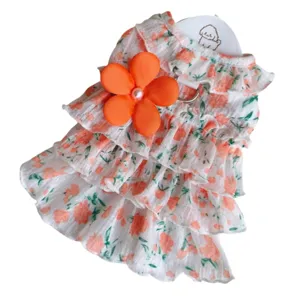 Leuke bloemen hondenzurk lente zomer dunne puppy rok met grote oranje bloemvolants