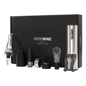 Electric wine opener 9-piece set with gift box, foil cutter, pourer and wine stoppers.