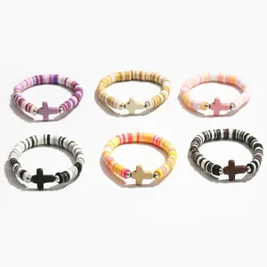 Bracelet Bohème Croix en Pâte Polymère Perles Heishi Pour Femmes Hommes Bracelet Élastique Fait à la Main Bijoux Mode