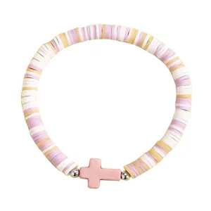 Bracelet de perles en argile rose fait main style bohème avec joli pendentif croix femme