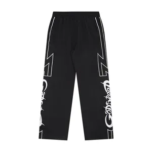 Black high street casual trousers with white side stripe embroidery and trendy design.