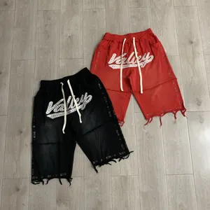 Casual washed rhinestone embroidered men women streetwear denim five-point shorts summer fashion